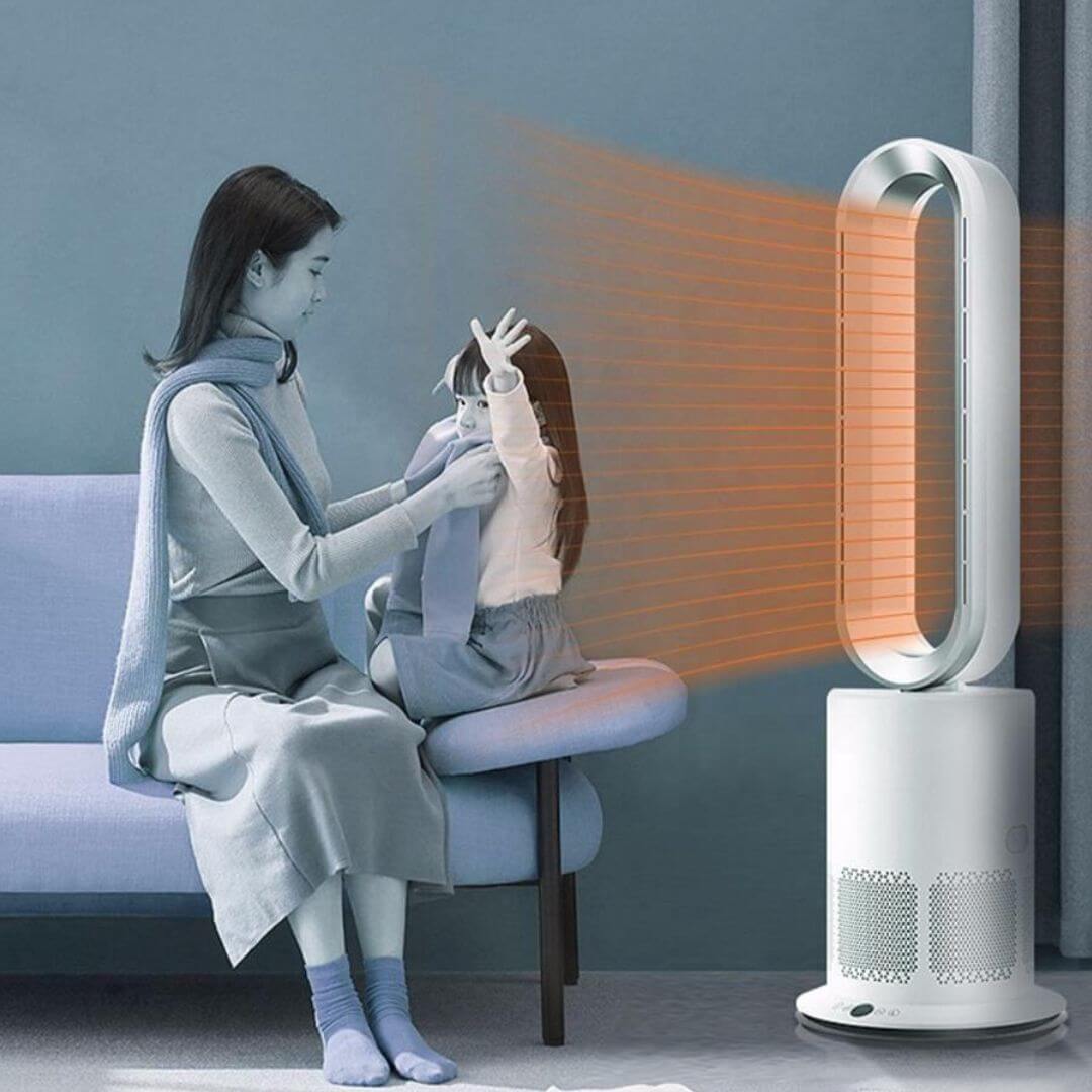 Pro 2 IN 1  Cool & Hot Air / Heater Bladeless Fan with Remote (Height: 86 cm) with mum and child Pro 2 IN 1  Cool & Hot Air / Heater Bladeless Fan with Remote (Height: 86 cm) with mum and child