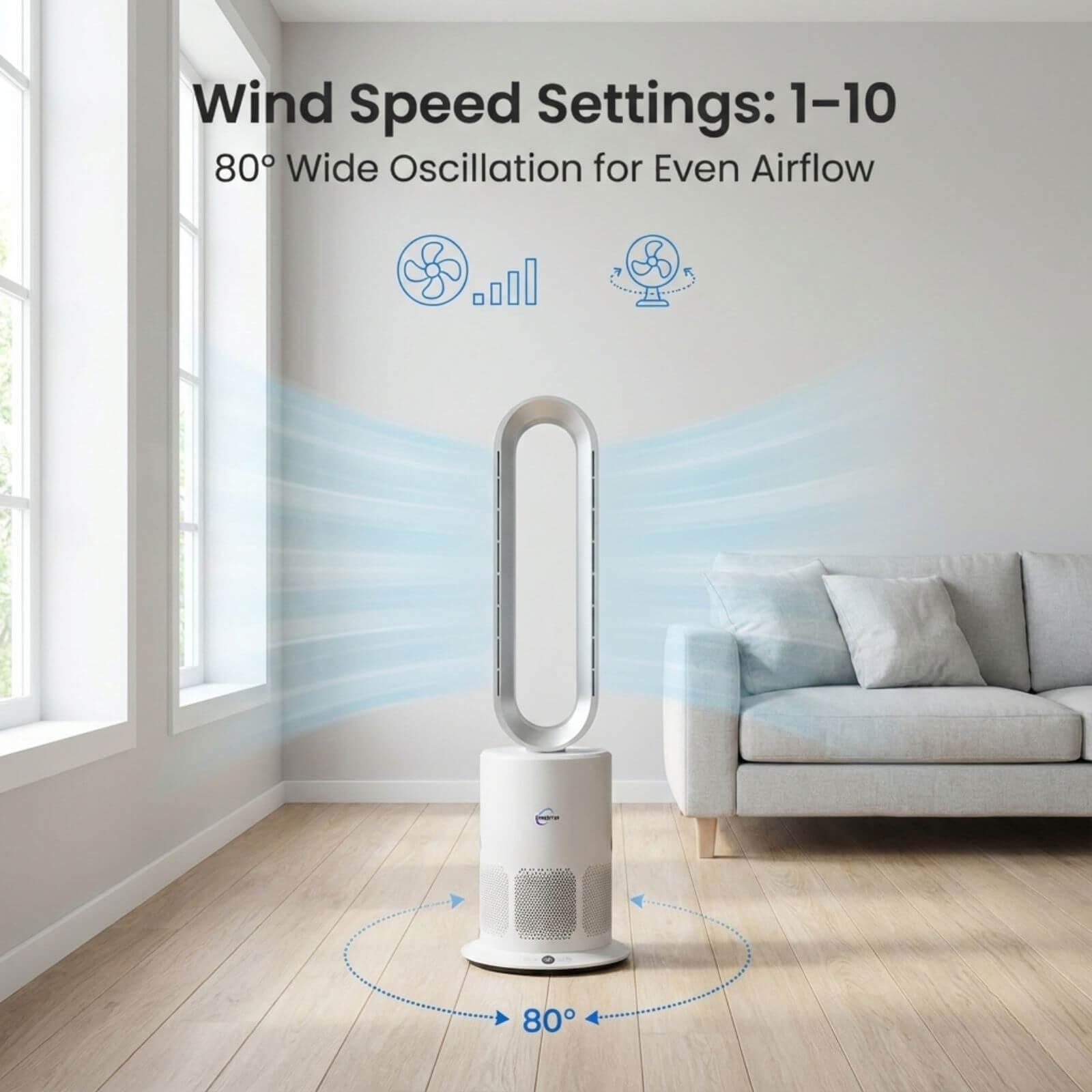 3 in 1 Air Purifier Fan Pureflow with 80 degree wide oscillation and adjustable wind speed for even airflow