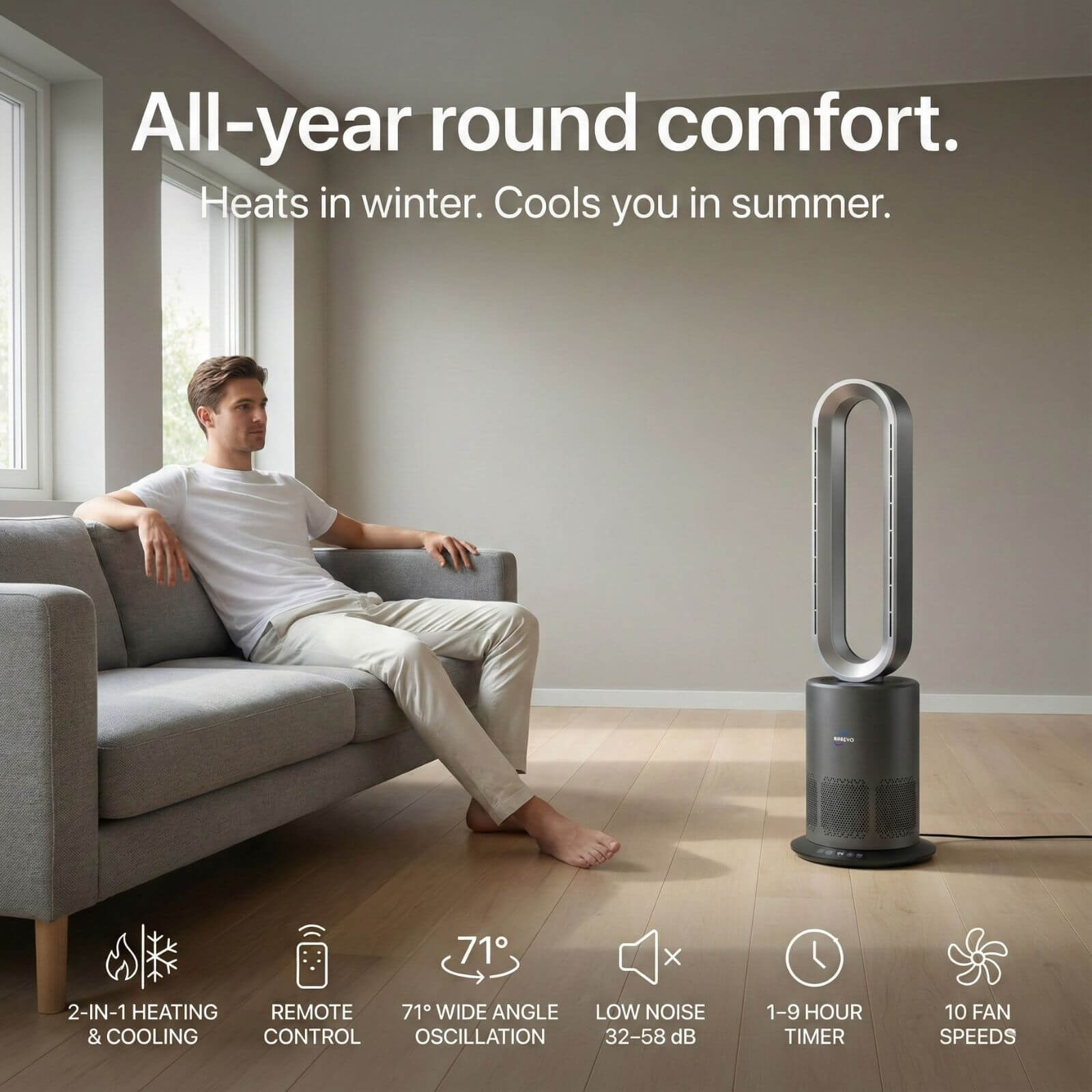 3 in 1 Air Purifier Fan Pureflow black providing all year comfort with heating and cooling at home