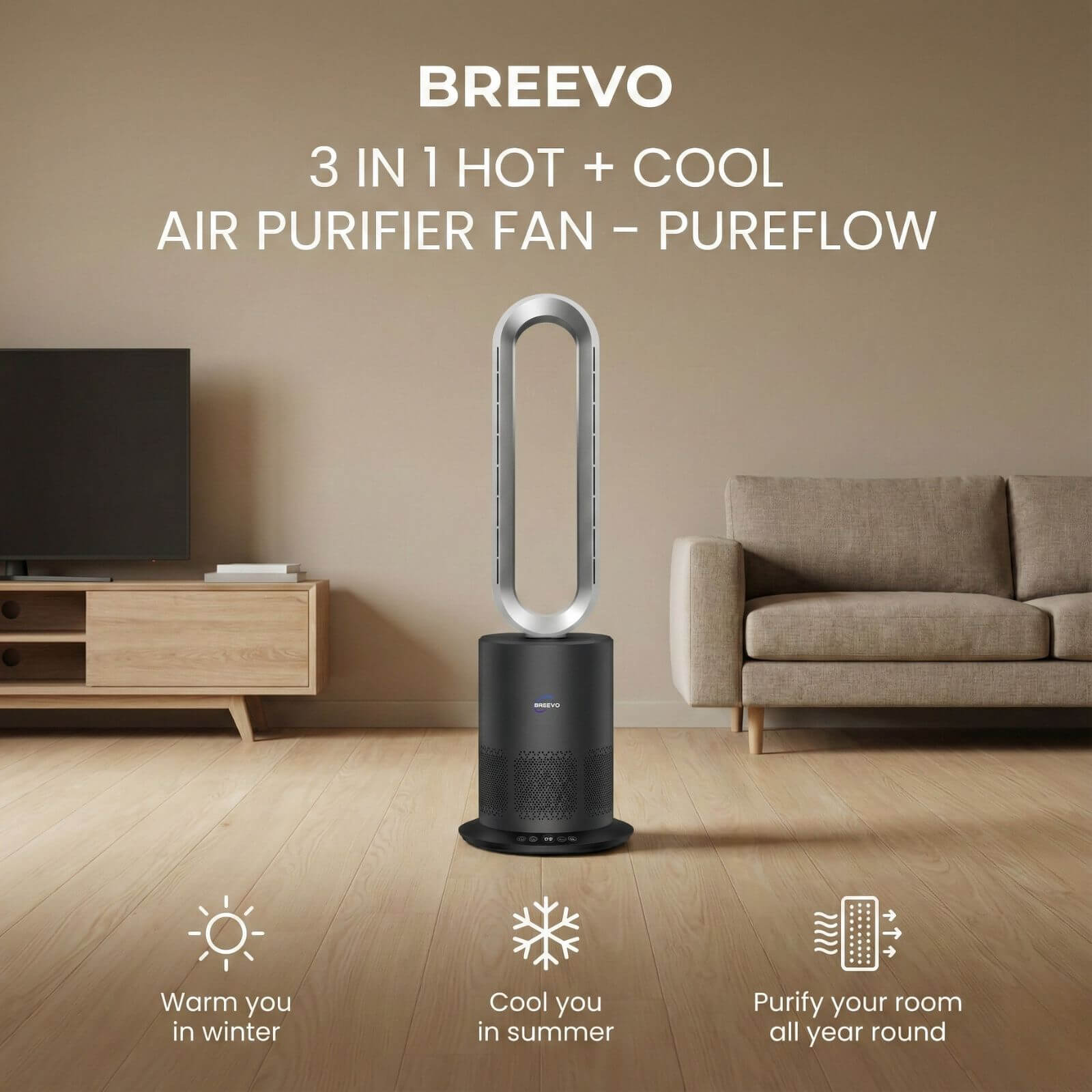 3 in 1 Air Purifier Fan Pureflow black shown in living room with heating cooling and air purifying functions