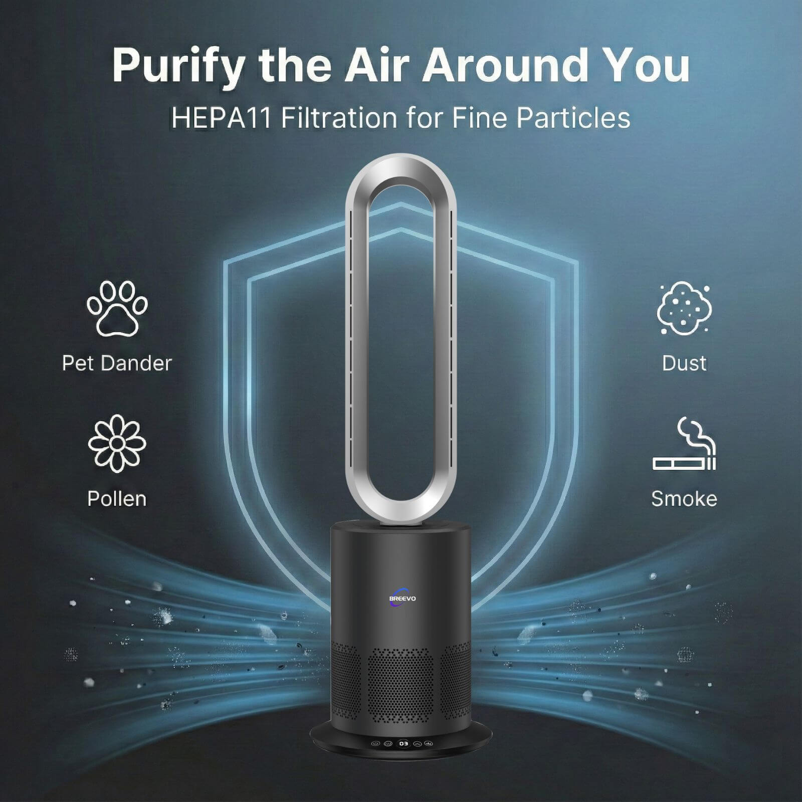 3 in 1 Air Purifier Fan Pureflow black with HEPA11 filtration helping reduce dust pollen smoke and pet dander