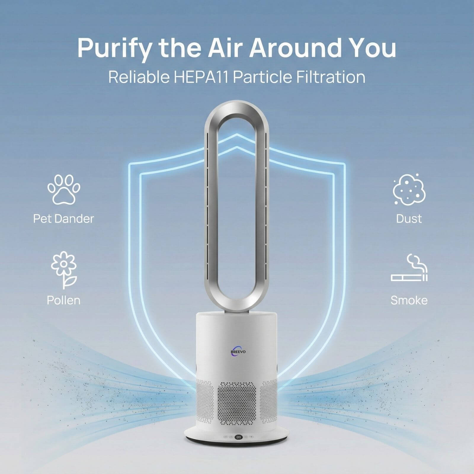 3 in 1 Air Purifier Fan Pureflow with HEPA11 filtration helping reduce dust pollen smoke and pet dander