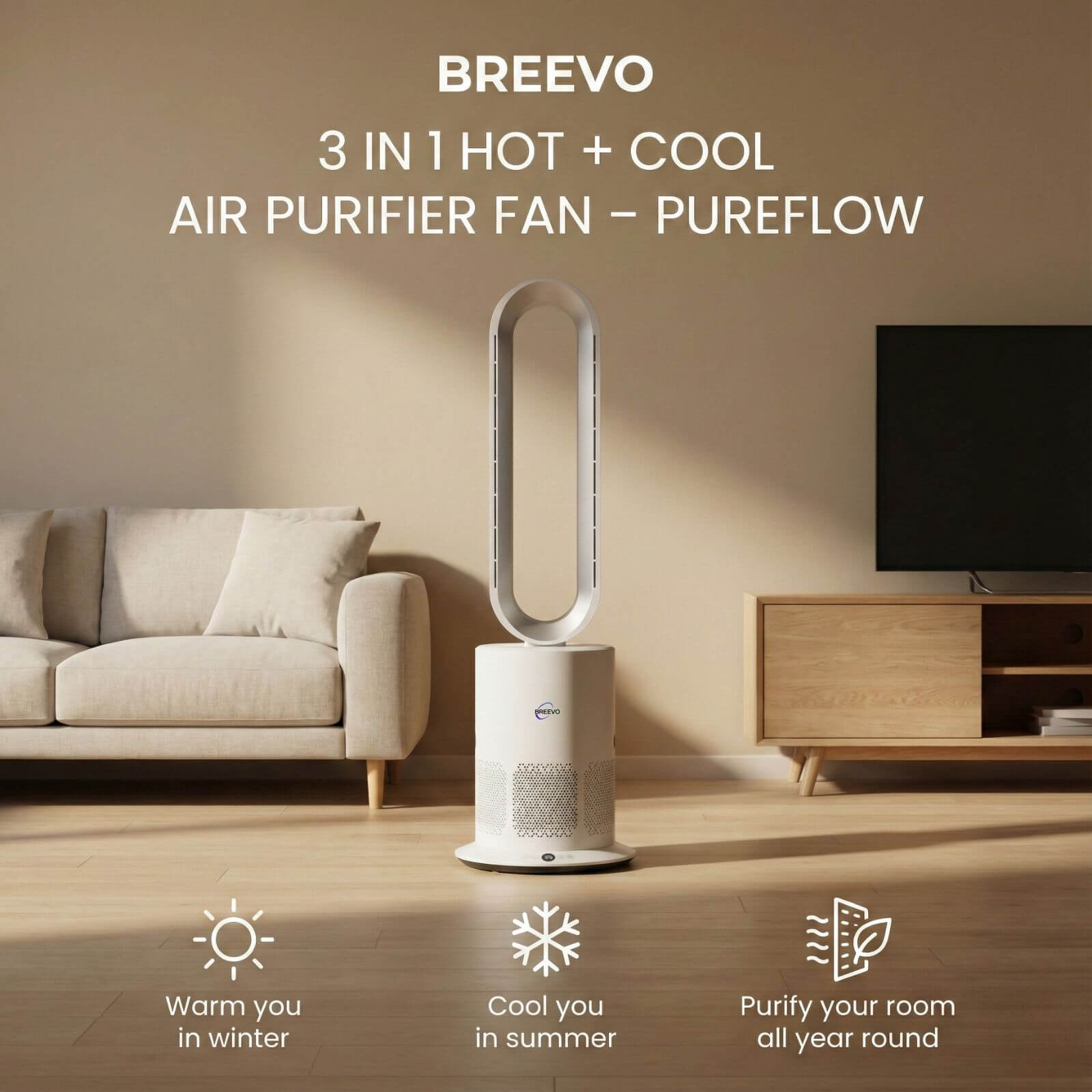 3 in 1 Air Purifier Fan Pureflow shown in living room with heating, cooling and air purifying functions