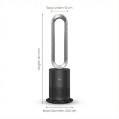 3 in 1 Air Purifier Fan Pureflow dimensions showing 85.5 cm height 16 cm body width and 26.5 cm base diameter