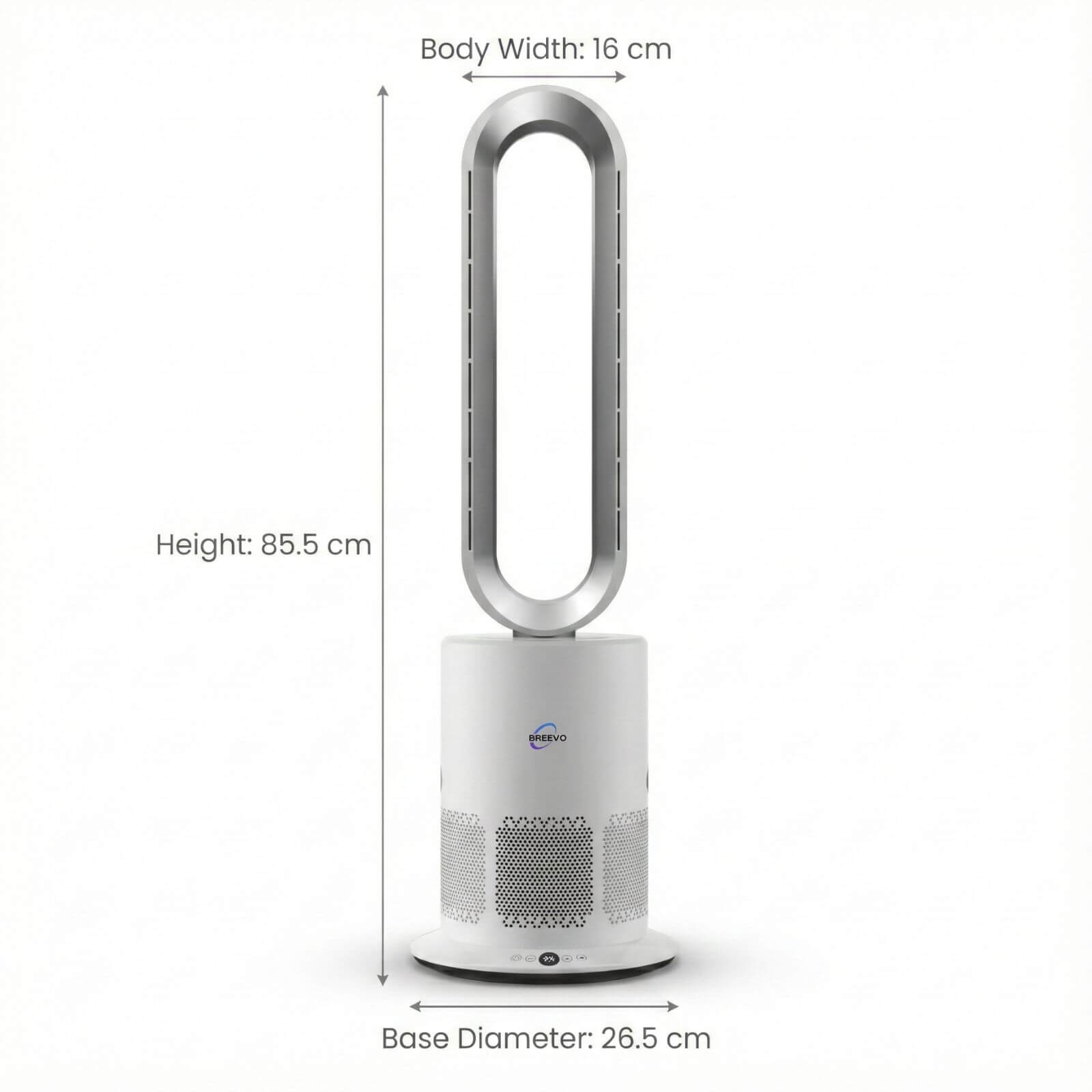 3 in 1 Air Purifier Fan Pureflow dimensions showing 85.5 cm height 16 cm body width and 26.5 cm base diameter