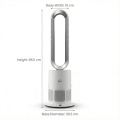 3 in 1 Air Purifier Fan Pureflow dimensions showing 85.5 cm height 16 cm body width and 26.5 cm base diameter