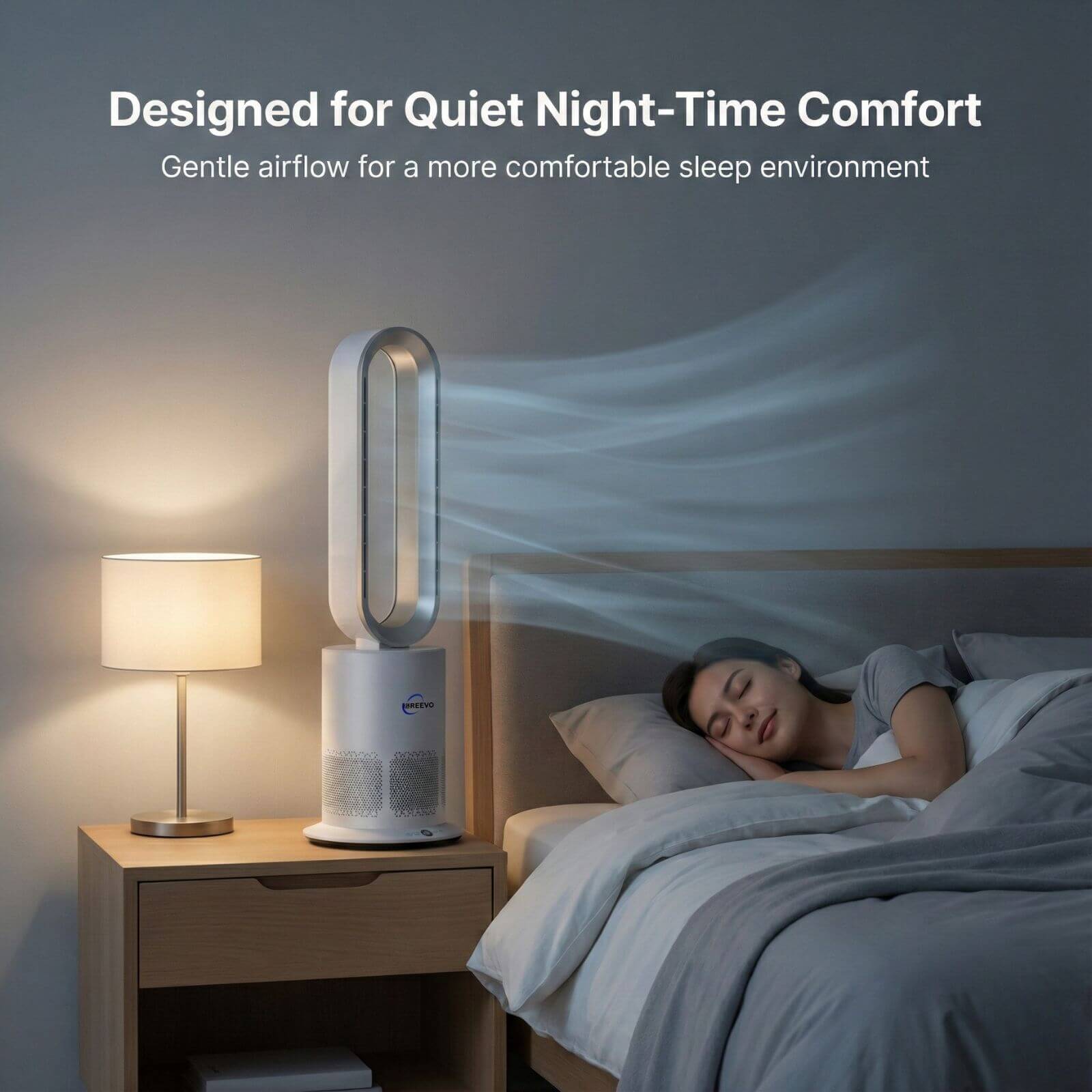 3 in 1 Air Purifier Fan Pureflow operating quietly at night to support comfortable sleep