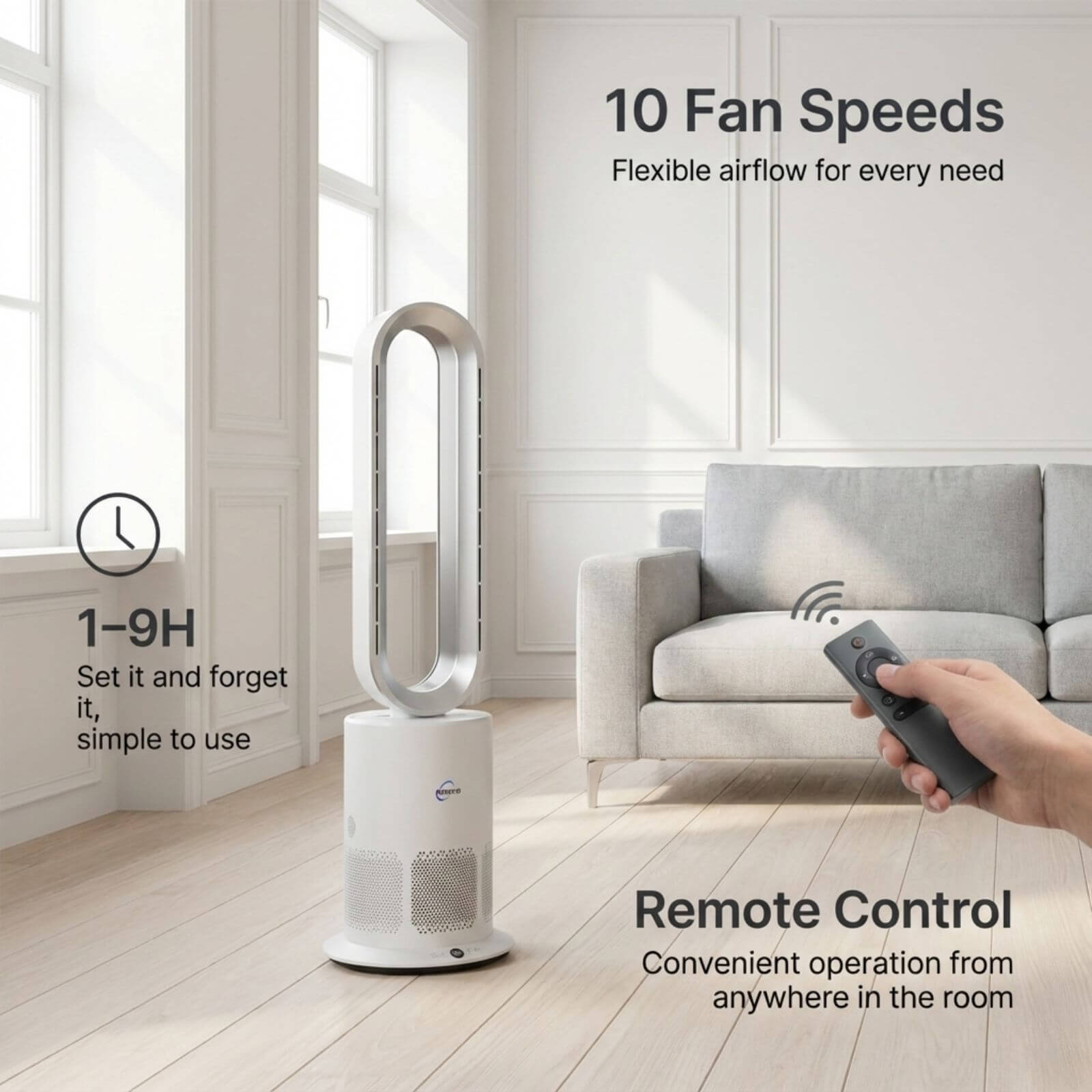 3 in 1 Air Purifier Fan Pureflow with remote control fan speed adjustment and 1 to 9 hour timer