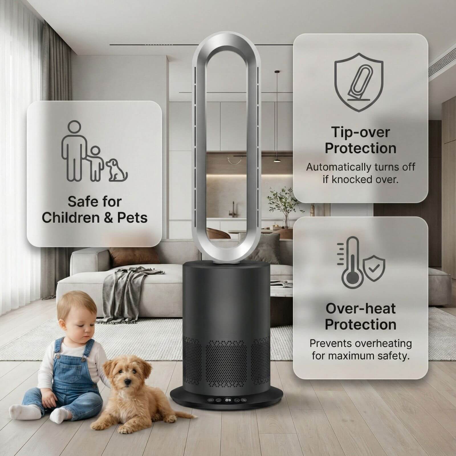 3 in 1 Air Purifier Fan Pureflow black designed with tip over and overheat protection for children and pets