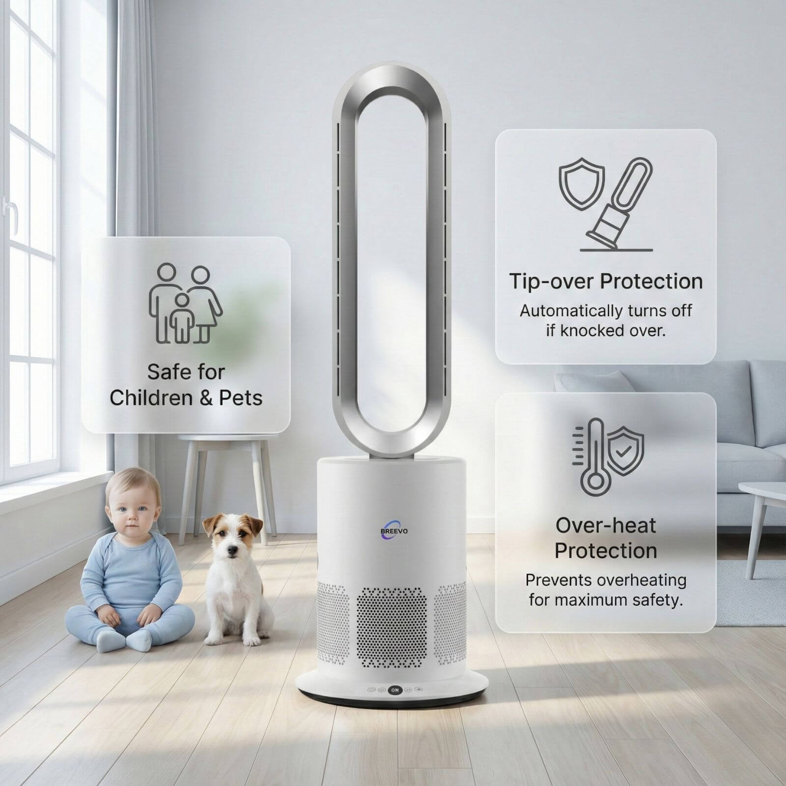 3 in 1 Air Purifier Fan Pureflow designed with tip over and overheat protection for children and pets