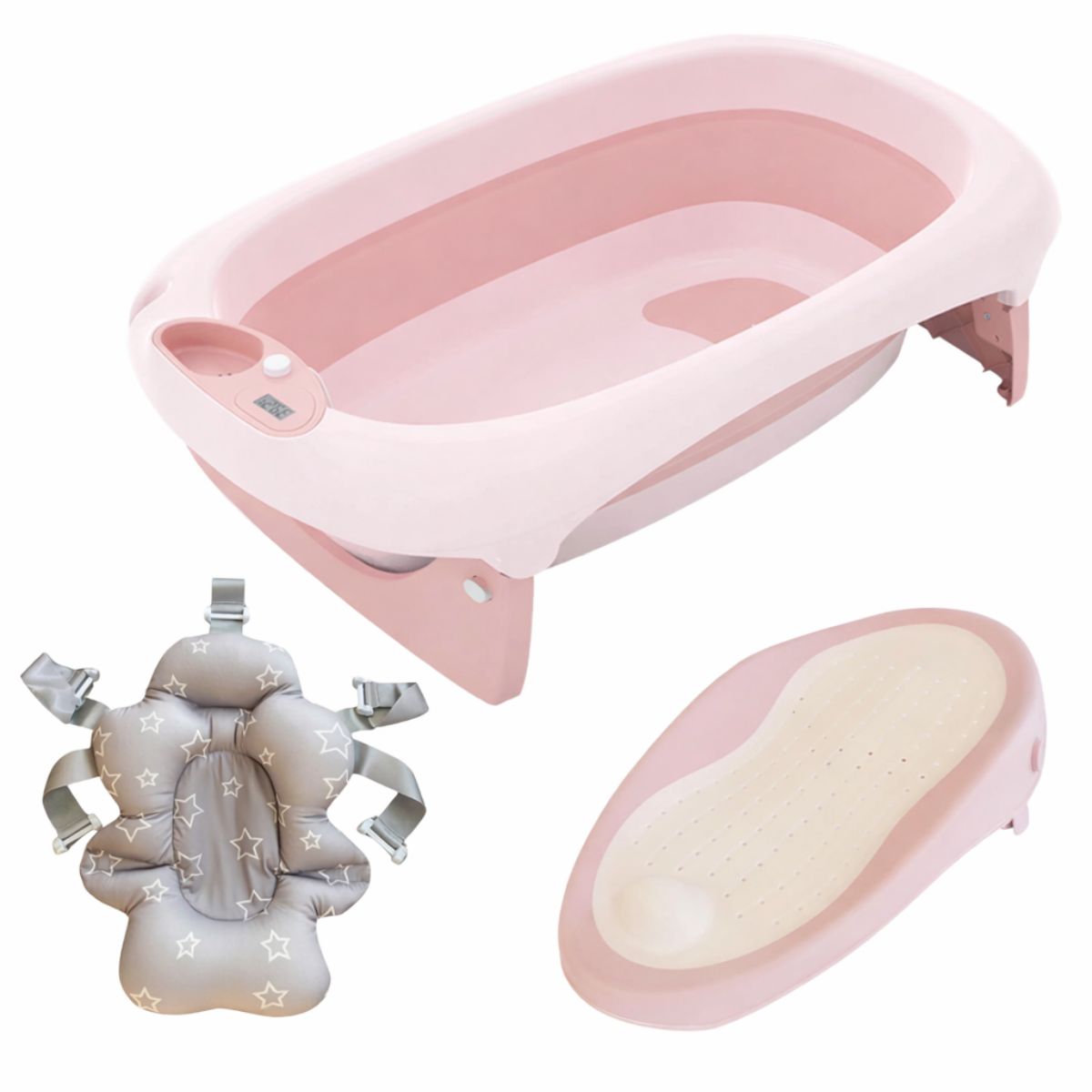 3-in-1 foldable baby bath tub set including pink bathtub, grey star-pattern cushioned bath seat and infant bath support tray

