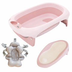 3-in-1 foldable baby bath tub set including pink bathtub, grey star-pattern cushioned bath seat and infant bath support tray
