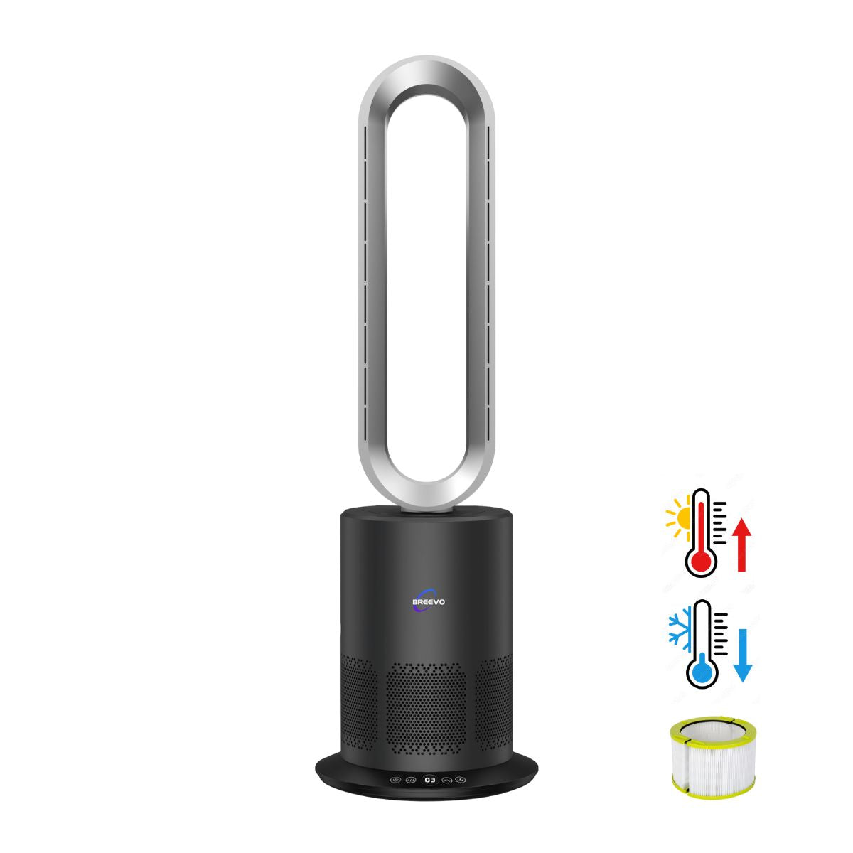 Black Dyson style air purifier with filter and icons on a white background