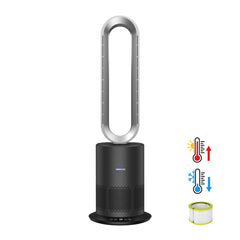 Black Dyson style air purifier with filter and icons on a white background