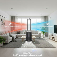 Air purifier in a living room with text indicating its functions