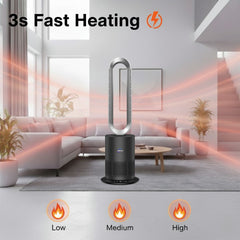 Black fan heater in a living room with '3s Fast Heating' text and temperature settings displayed.
