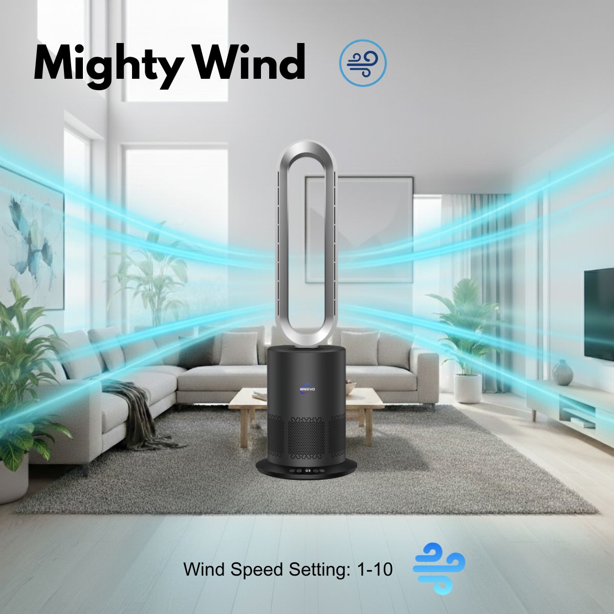 Mighty Wind fan in a living room with visible airflow and brand logo.