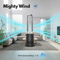 Mighty Wind fan in a living room with visible airflow and brand logo.