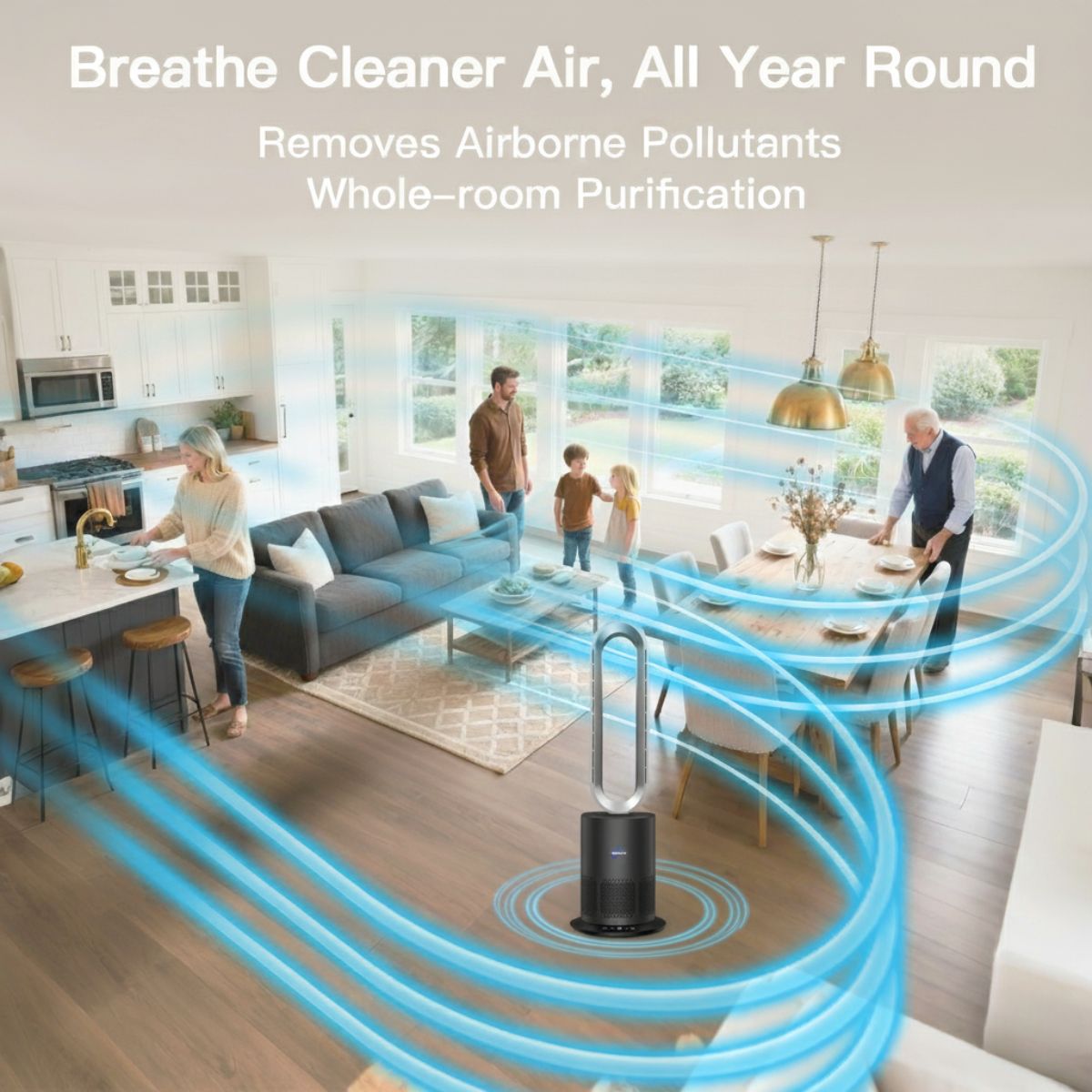 Air purifier in a living room with people around, showing air purification process.