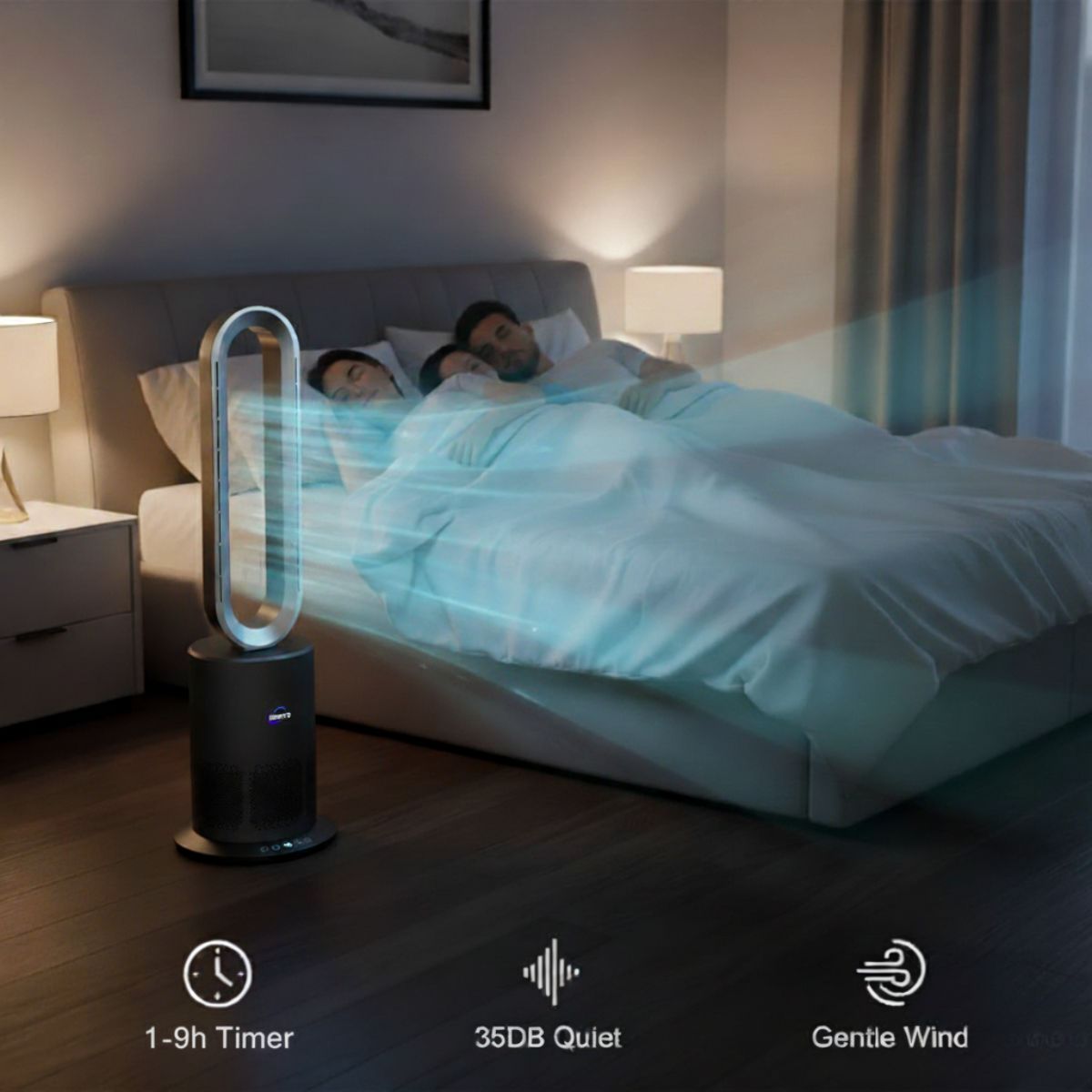 Person lying in bed with a fan in the foreground, indicating a relaxing bedroom setting.