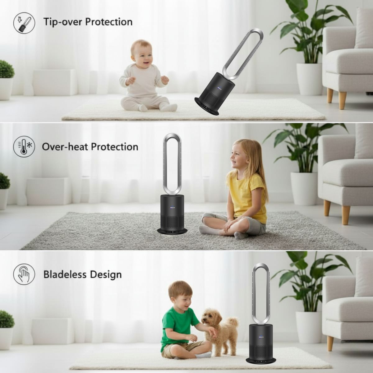 Dyson style air multiplier fan with safety features and children interacting with it in a living room.