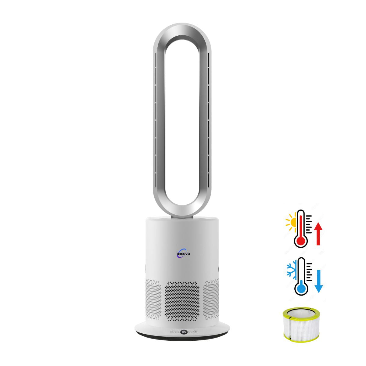White air purifier with filter and icons on a white background