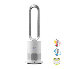 White air purifier with filter and icons on a white background