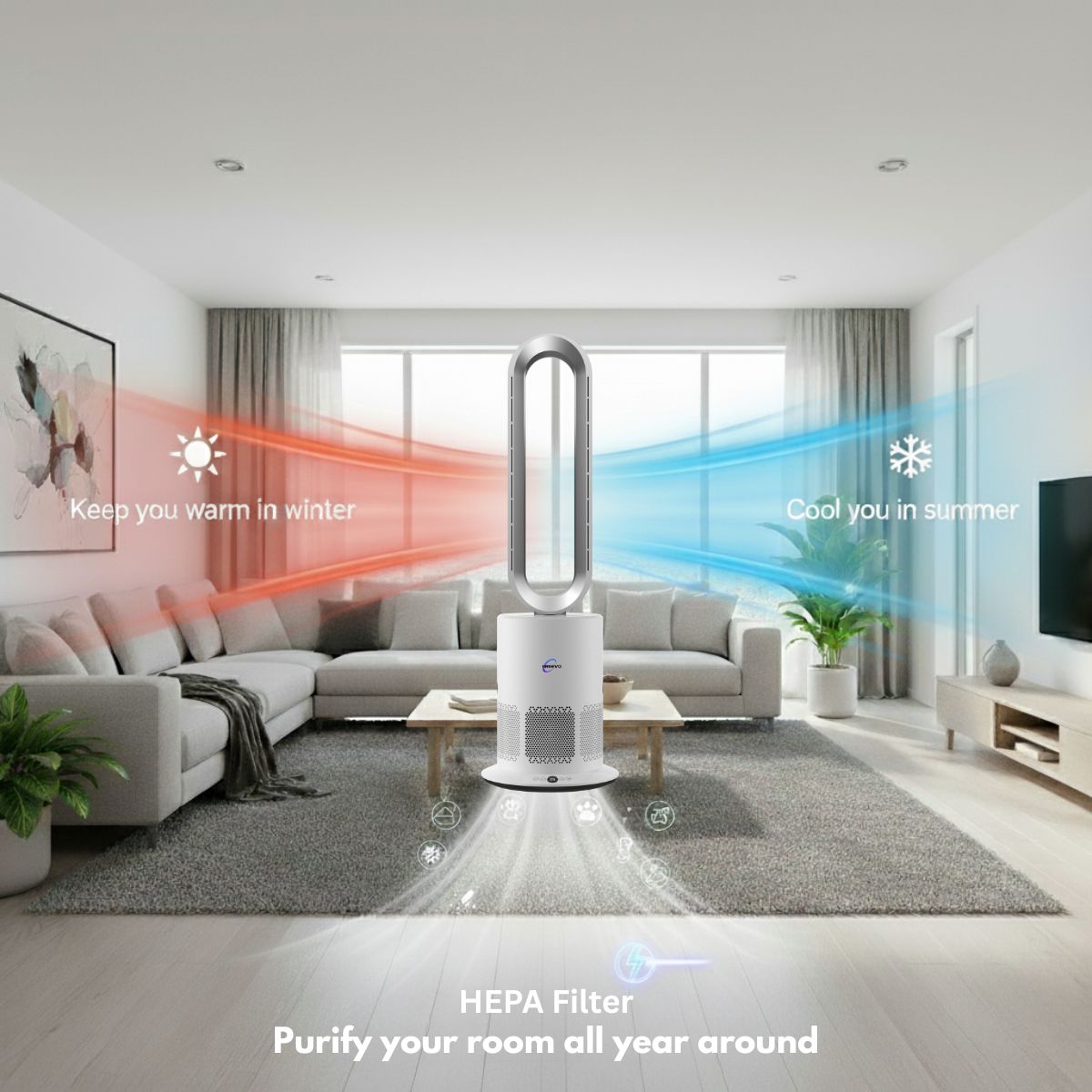 Modern living room with a standing air purifier, featuring text on temperature control and HEPA filter benefits.