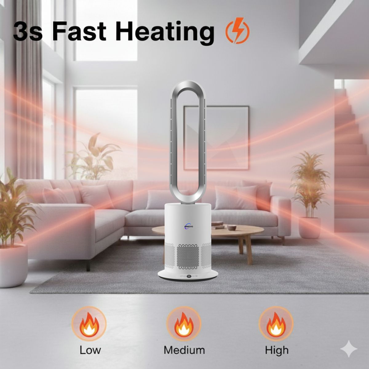 Dyson style tower heater in a living room with heating graphics and temperature settings displayed.