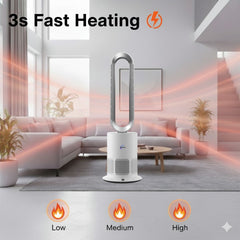 Dyson style tower heater in a living room with heating graphics and temperature settings displayed.