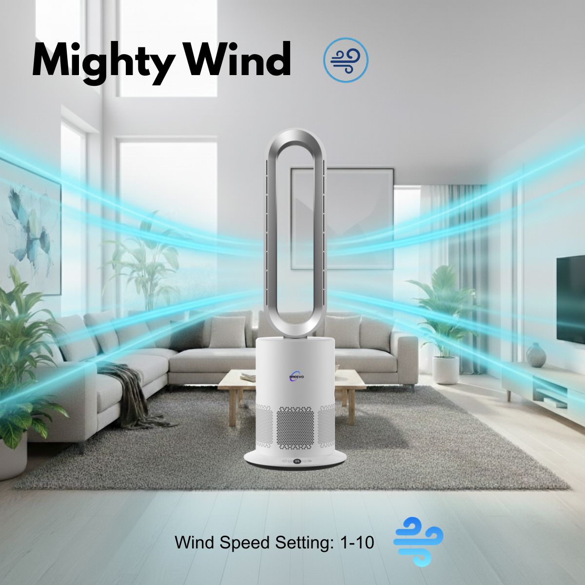 Mighty Wind air purifier in a modern living room with visible airflow.