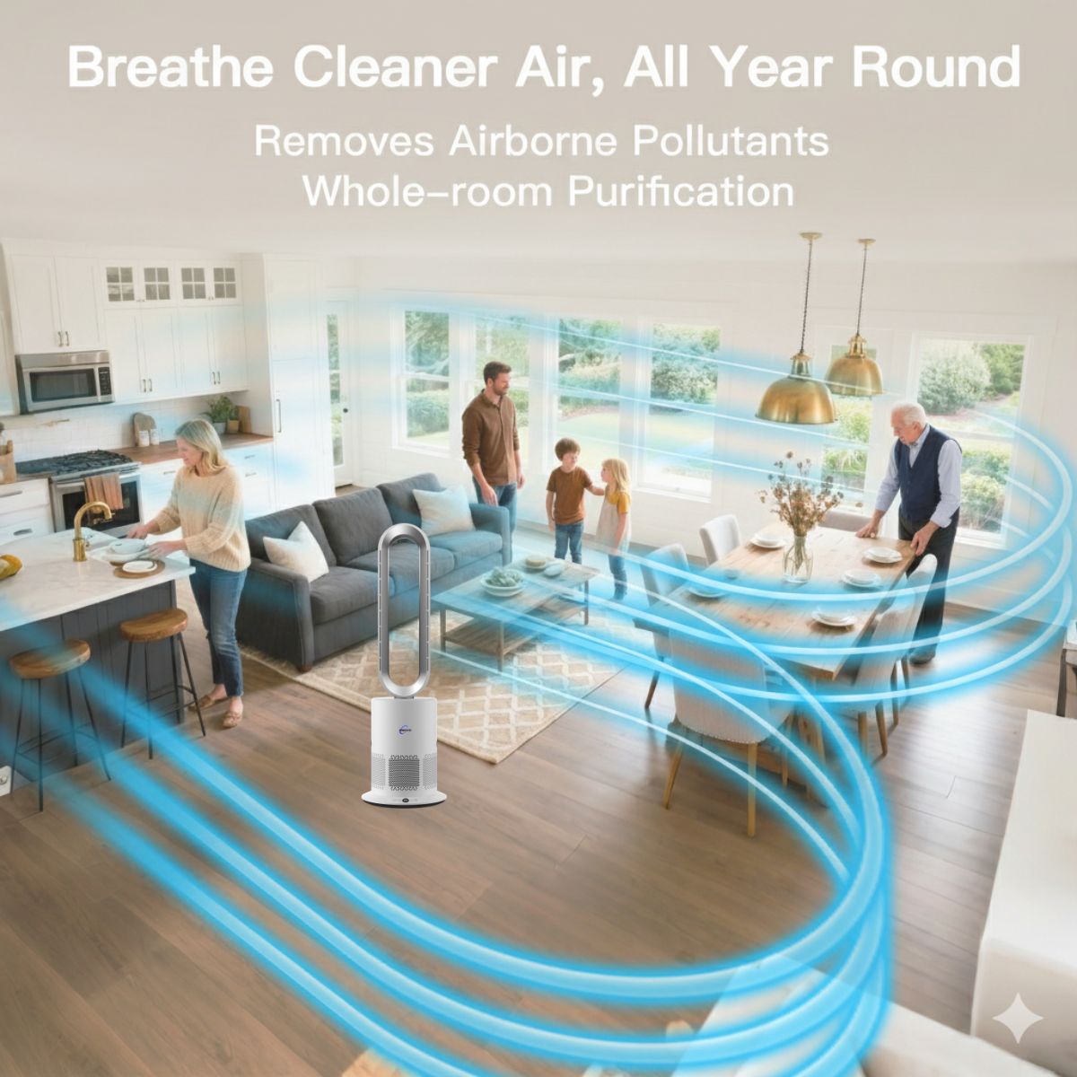 Air purifier in a living room with blue lines indicating air circulation, showing how it cleanses the air.