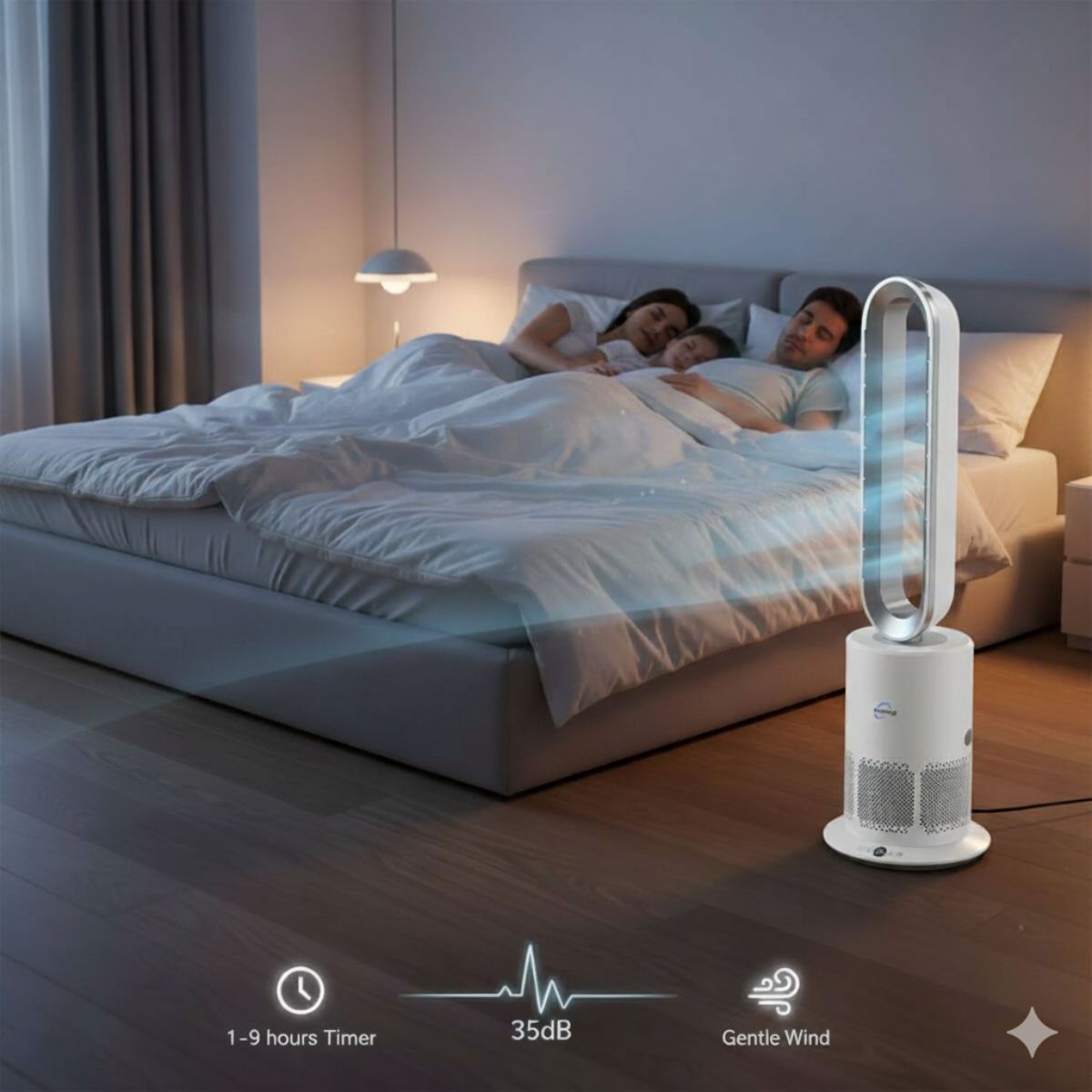 People lying in bed with a fan on a wooden floor in a bedroom setting