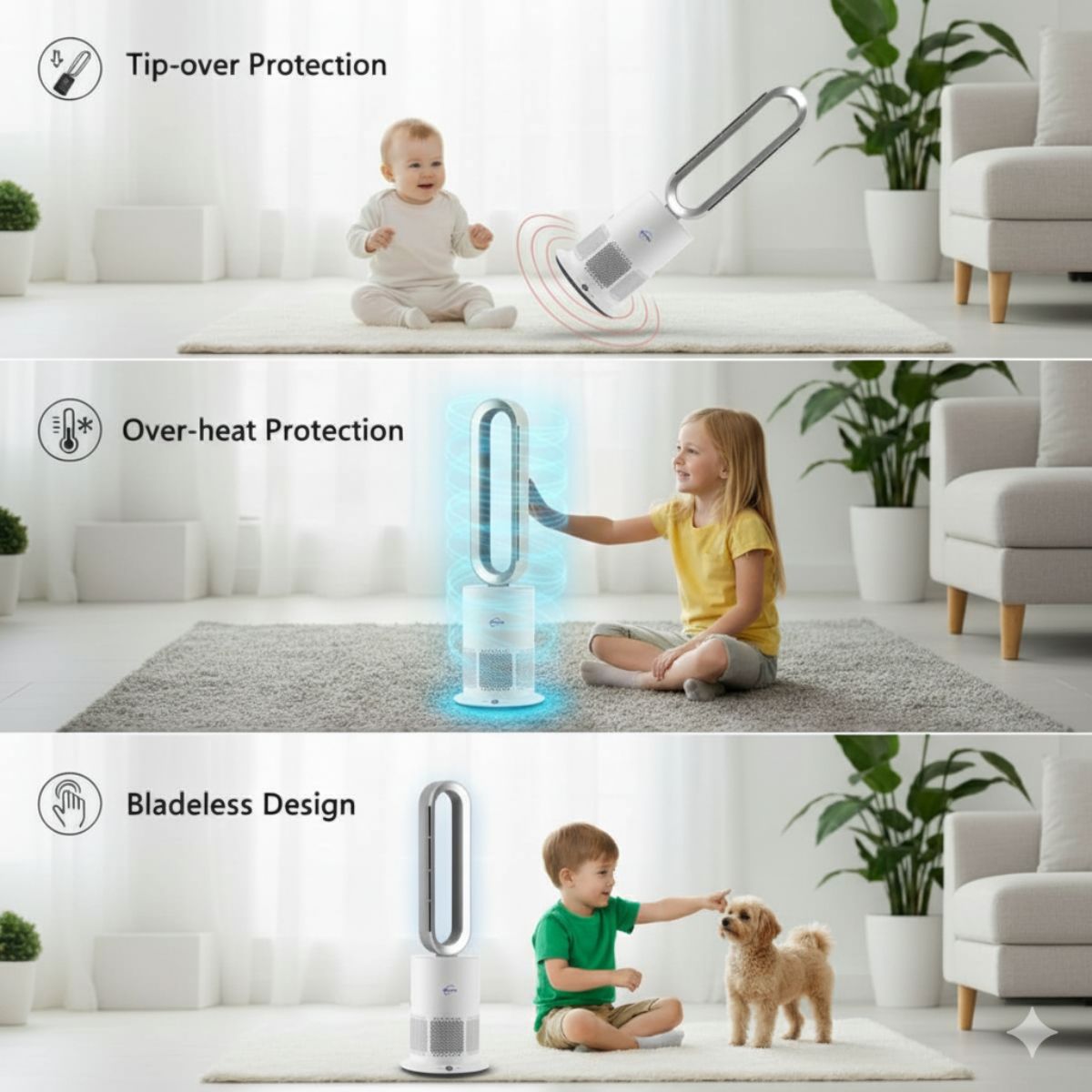 Tower fan with safety features and usage scenarios in a living room.