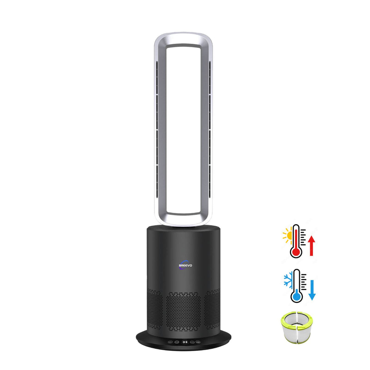 Black tower fan with control icons on a white background