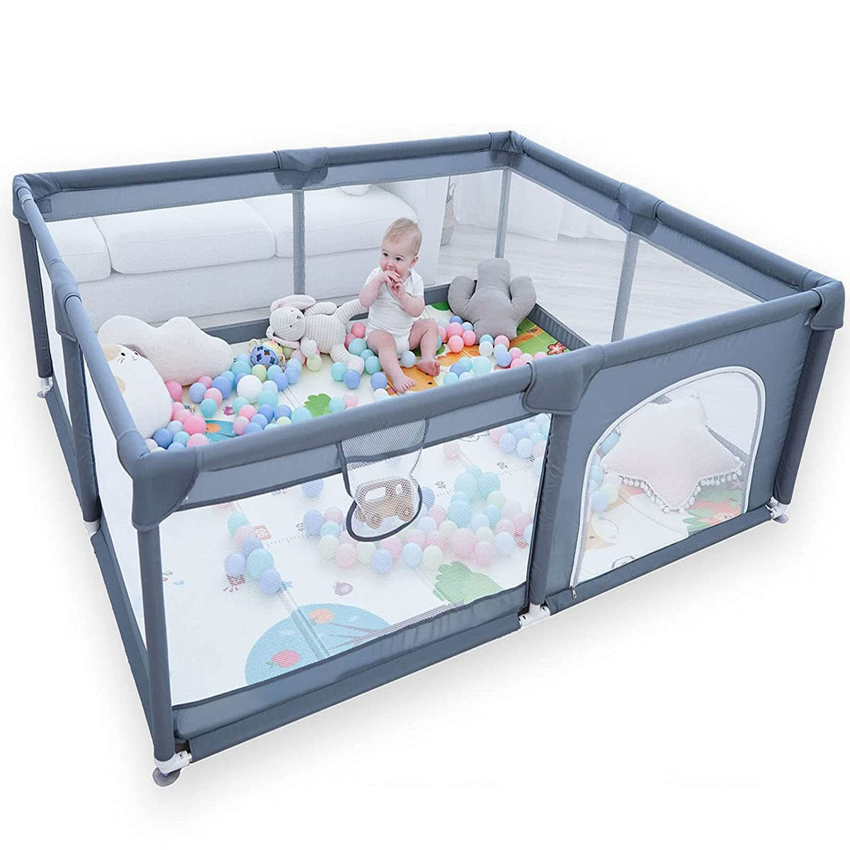Foldable & Portable Fabric Baby Playpen 180x150x68cm-Grey