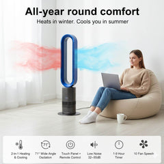 Person using a Dyson style air multiplier fan with text about year-round comfort and product features.