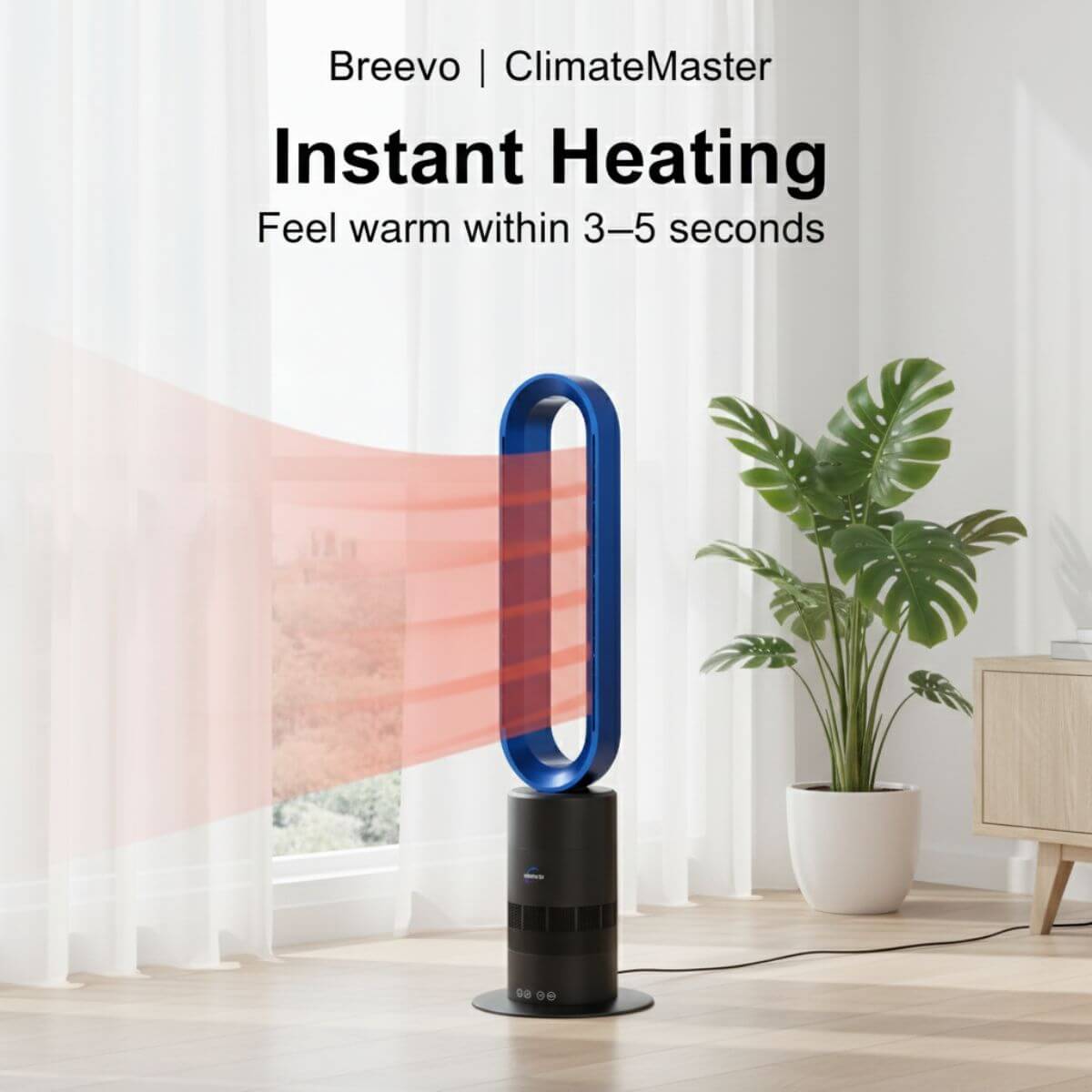 Breevo ClimateMaster instant heating device with visible heat output in a room setting.