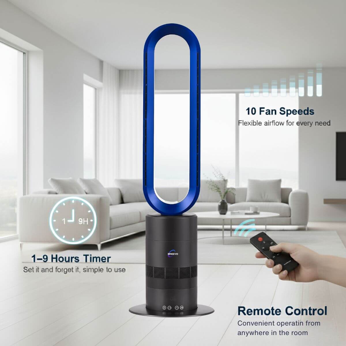 Modern fan with blue design in a living room setting, featuring text on features like fan speeds, timer, and remote control.