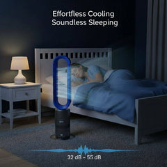 Bedroom scene with a person sleeping and a cooling device labeled 'Effortless Cooling Soundless Sleeping'.