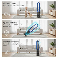 Dyson style bladeless fan with safety features in a living room setting