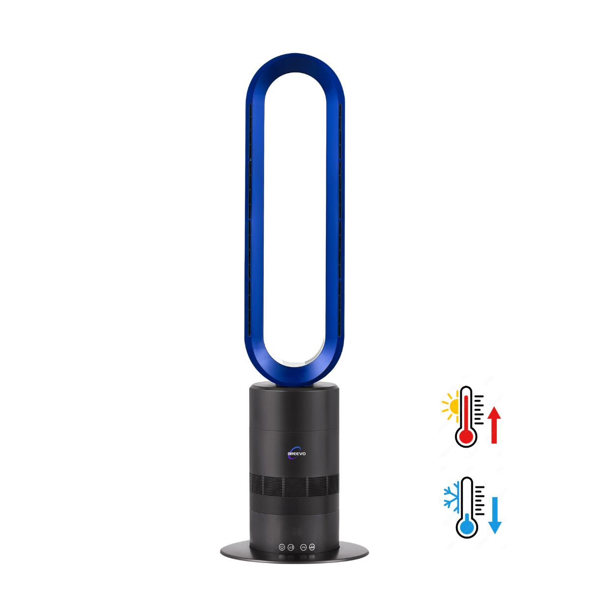 Blue and black tower fan with control icons on a white background