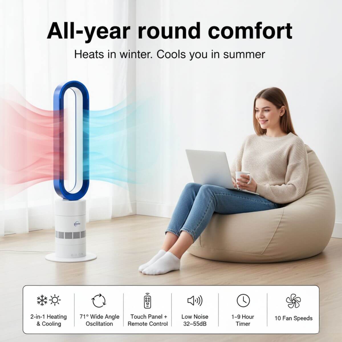 Woman using a laptop next to a floor-standing fan with text about year-round comfort.