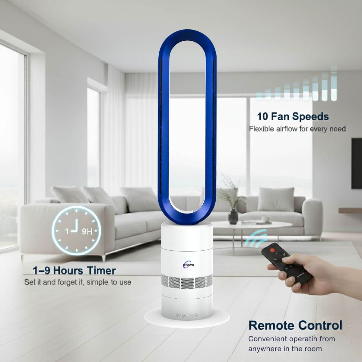 Modern indoor air purifier with remote control in a living room setting