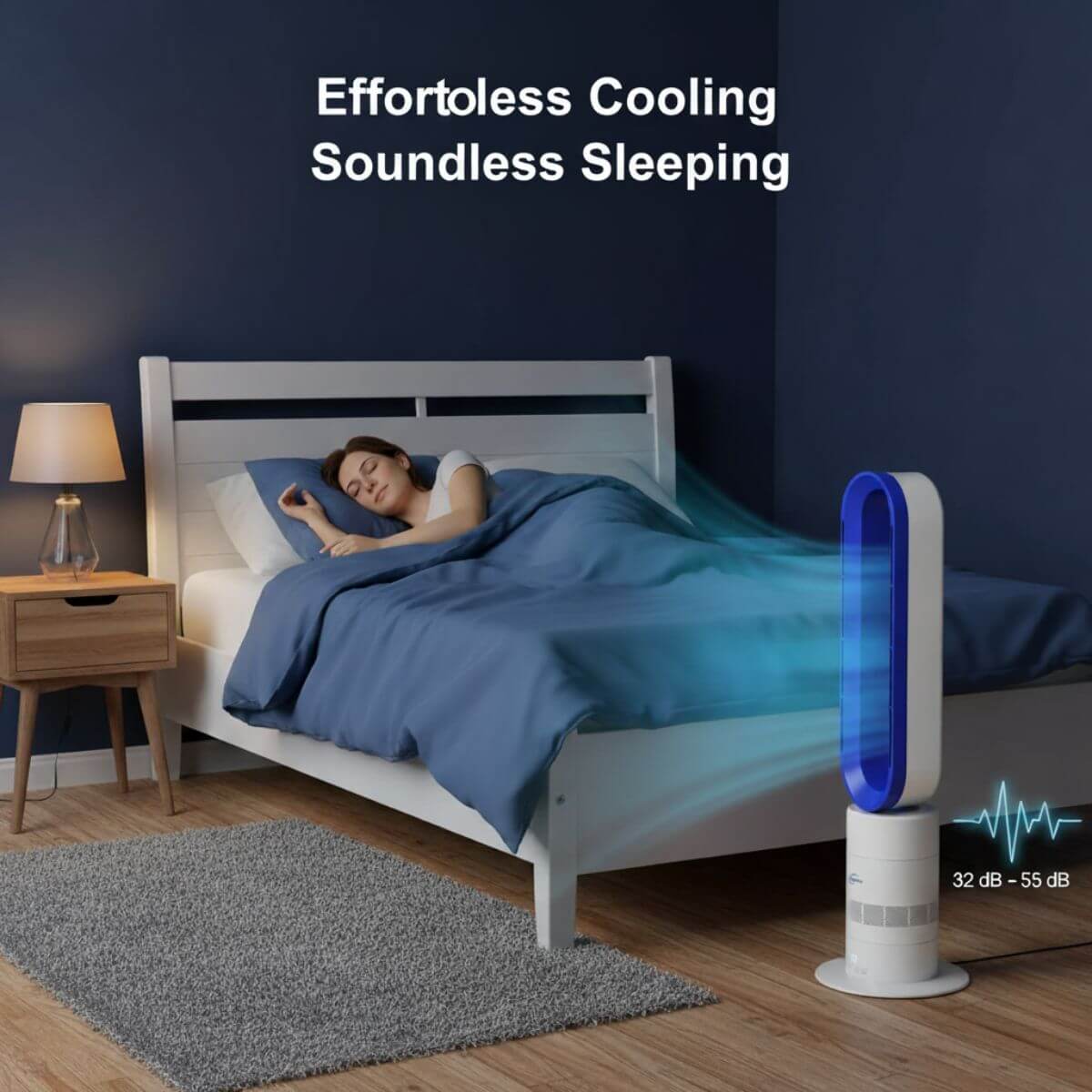 Person sleeping in a bedroom with a fan labeled 'Effortless Cooling Soundless Sleeping'.