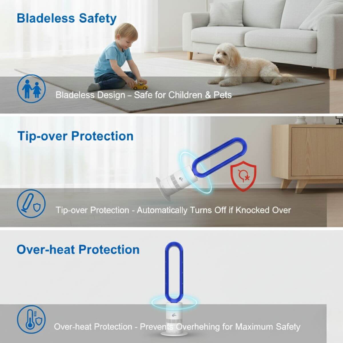 Product features with child and dog in a living room setting, emphasizing safety and protection.