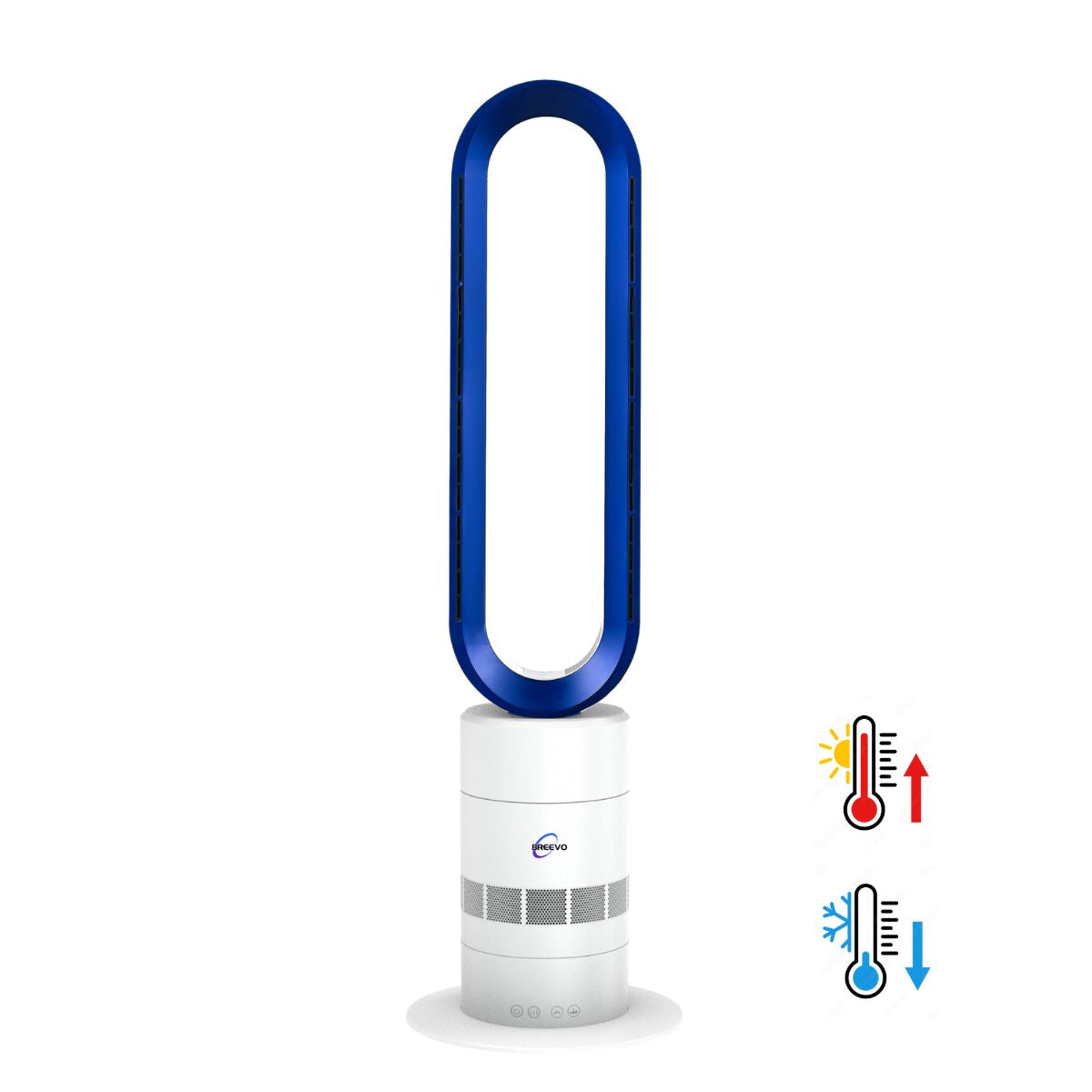 White and blue tower fan with control icons on a white background