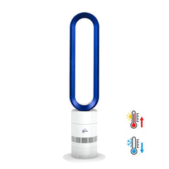 White and blue tower fan with control icons on a white background