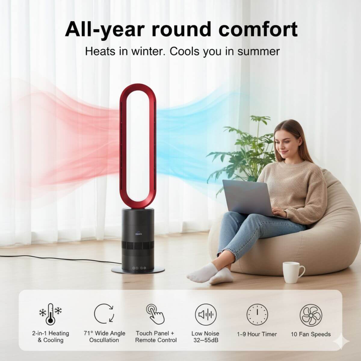 Person using a laptop with a red and black tower fan in a room.