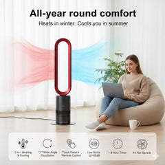 Person using a laptop with a red and black tower fan in a room.